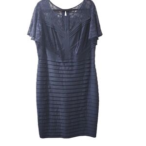 Adrianna Papell Navy Sheath Cocktail Dress with Lace Overlay Bodice - 18W